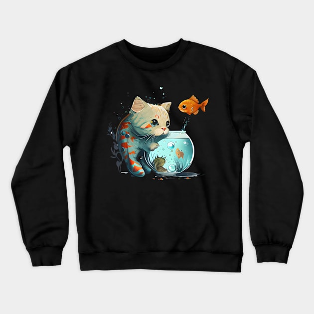 Purr-fect Catch: Cute Cat Fishing Artwork Crewneck Sweatshirt by Raja2021